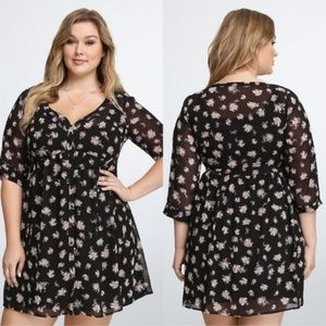 Torrid Black Floral Chiffon Mid Sleeve Shirt Dress